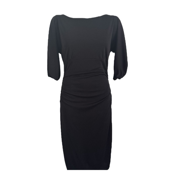 DAVID MEISTER BLACK RUSHED HALF SLEEVES LBD LITTLE BLACK DRESS SZ 10 - Picture 2 of 5